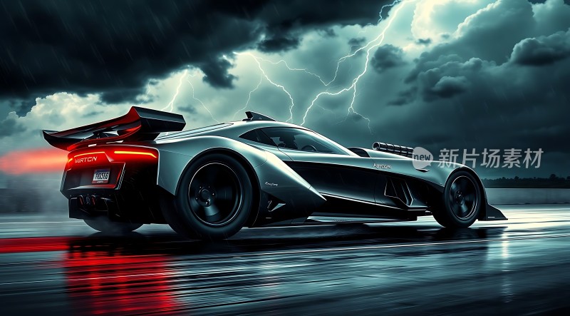 银色赛车疾驰于闪电暴雨中