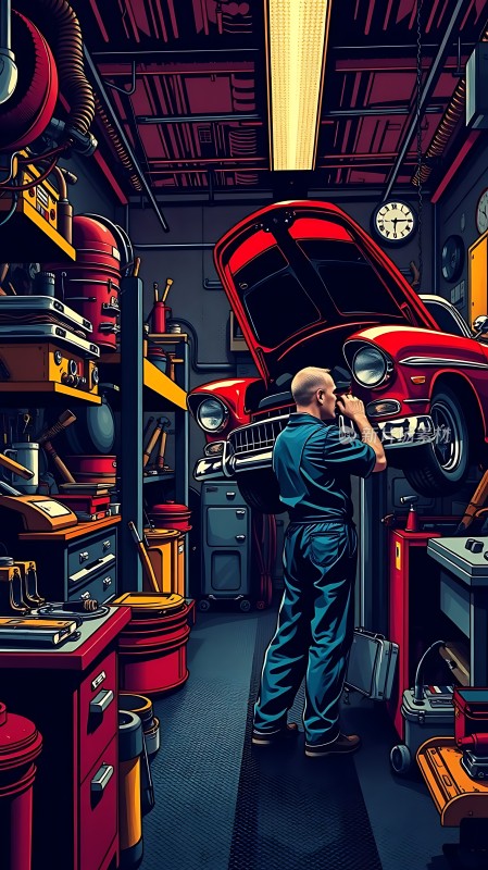 修车工与经典红色汽车