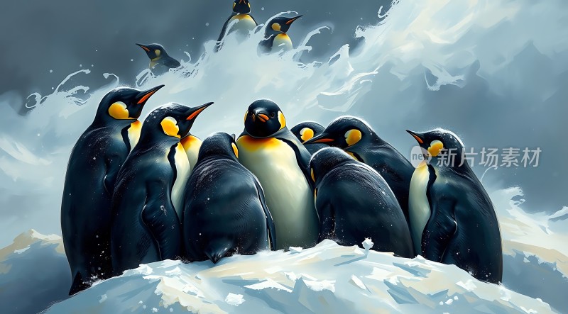 南极企鹅群聚雪地
