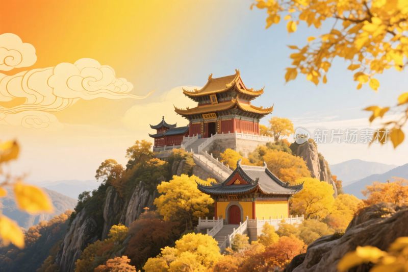 古山古建秋景插画