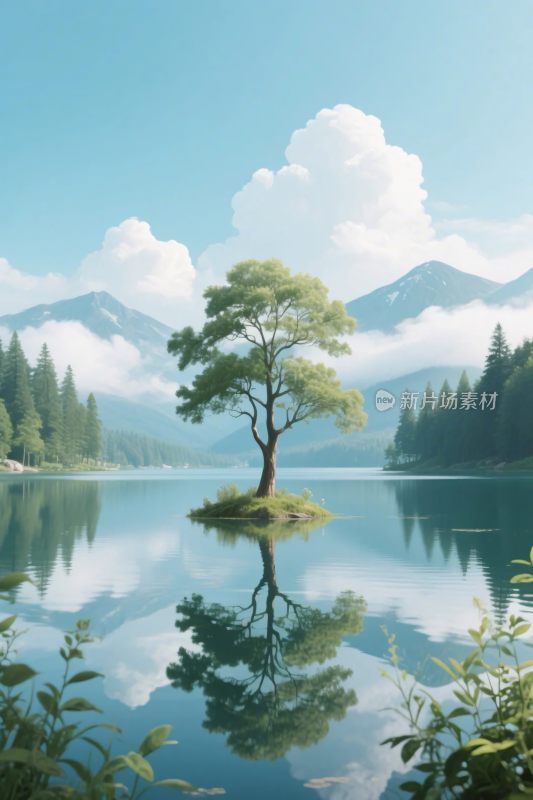 湖心孤树风景插画