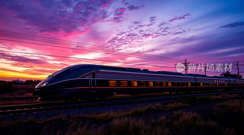 高铁穿行在绚烂晚霞中