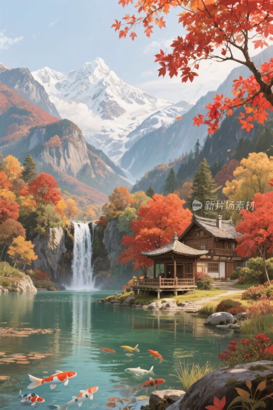 山水古建秋景插画