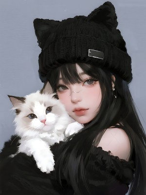 黑发女孩与猫咪温馨互动 黑发女孩与猫咪温馨互动