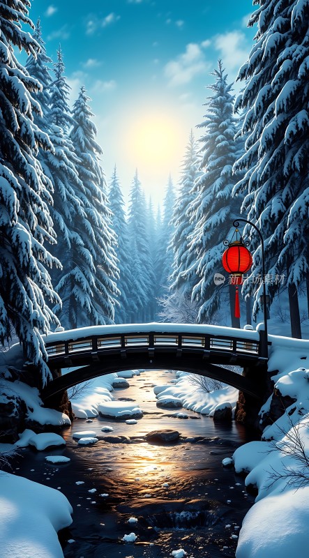 雪林小桥映日红