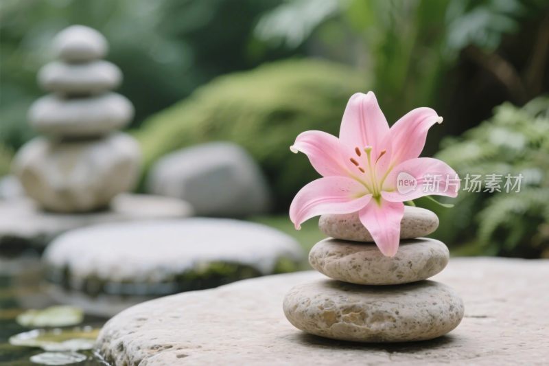 自然禅意石堆鲜花