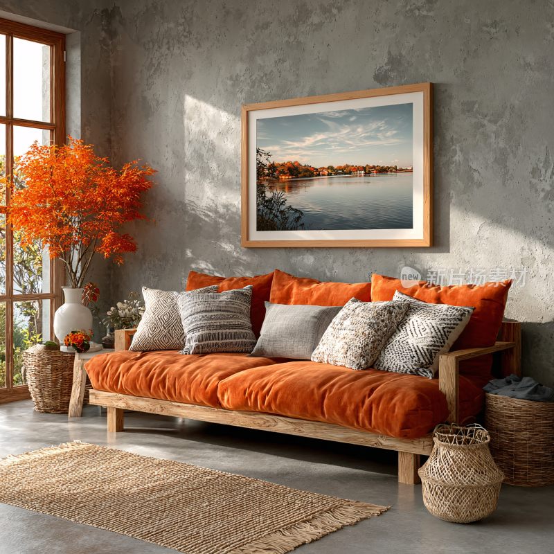 温馨室内橙色沙发装饰场景