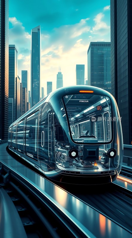未来之城透明列车穿越摩天大楼