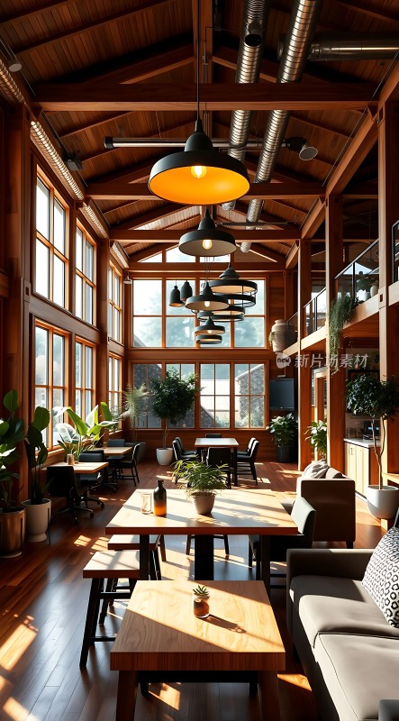 阳光洒满温馨咖啡馆绿植环绕木制家具