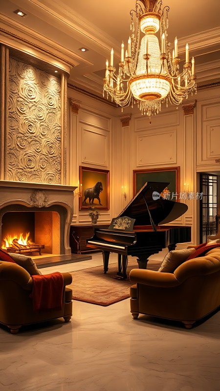 豪华客厅里的钢琴与壁炉