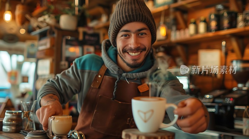 咖啡师微笑着递出热气腾腾的咖啡