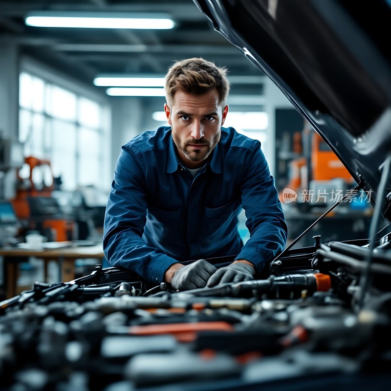 机械师专注检修汽车引擎