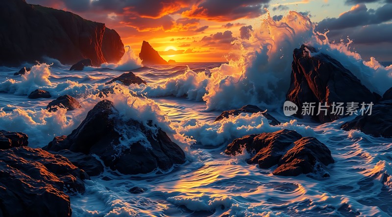 日落时分的海浪与岩石