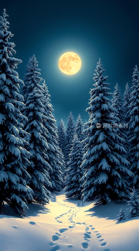 雪夜月下林间小径