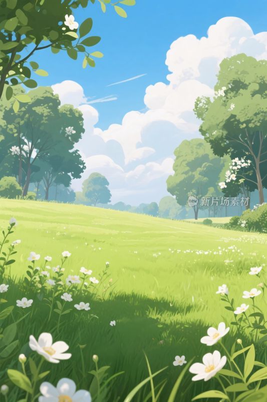 春日草地自然风景插画