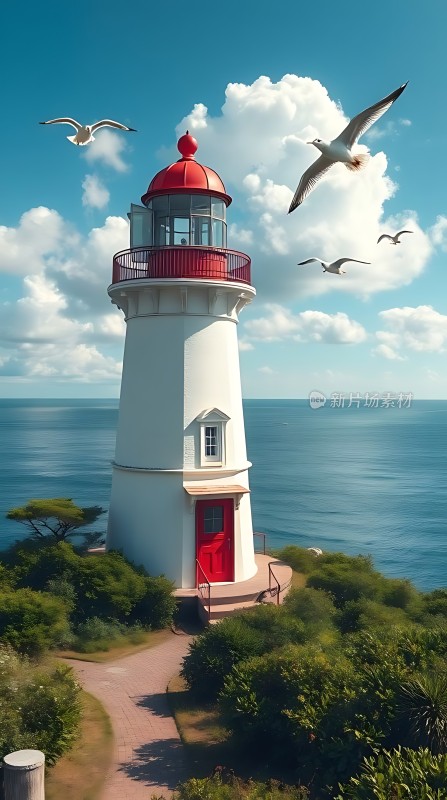 海边的灯塔与飞翔的海鸥