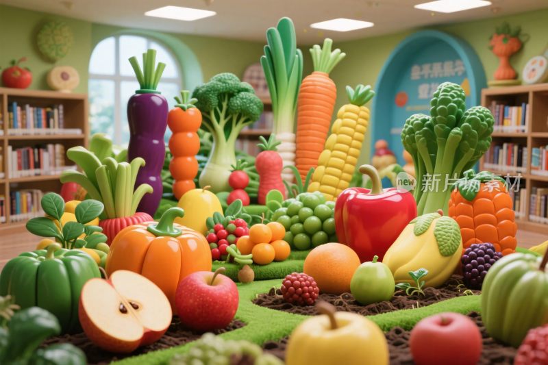 室内摆放的多样卡通蔬菜水果