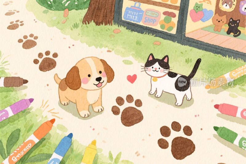 小猫小狗脚印插画