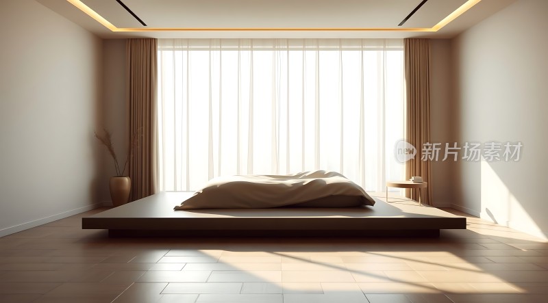 阳光洒满现代卧室简约床铺与自然光相得益彰