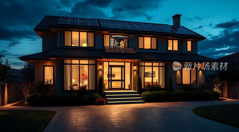 现代别墅夜景温馨灯光下的优雅住宅