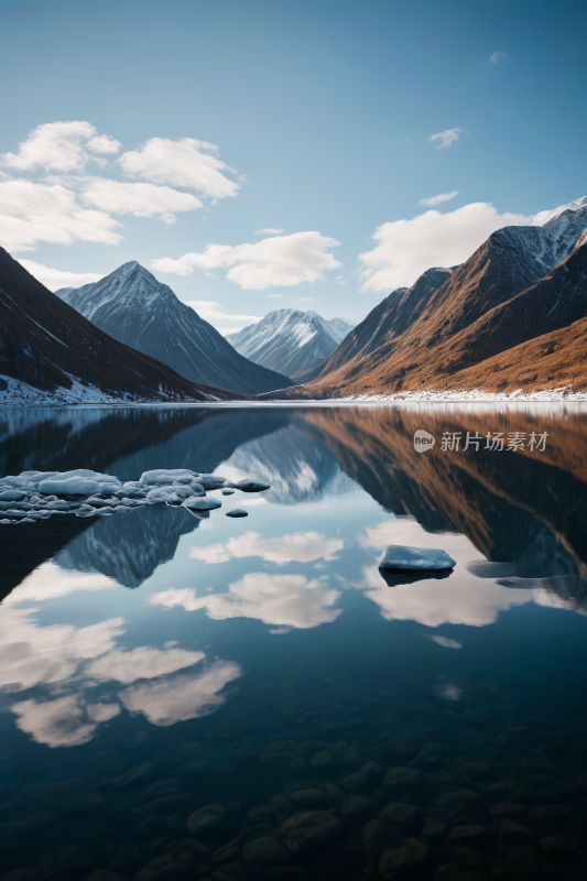 山倒映在湖中地面上有岩石和雪高清风景图片