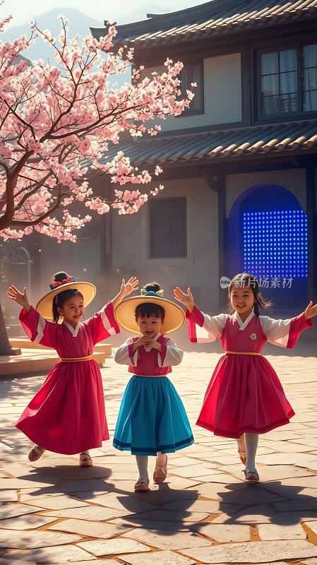 春日樱花下身着传统服饰的三位小女孩欢快起舞