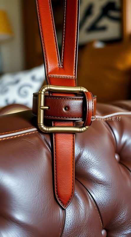 棕色皮质沙发上的皮带扣细节