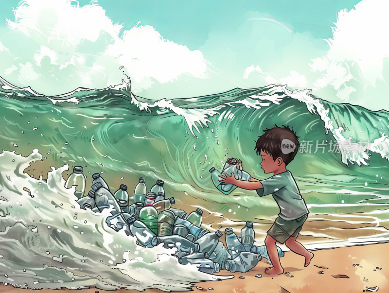 海浪孩子废弃瓶子保护海洋环境插画