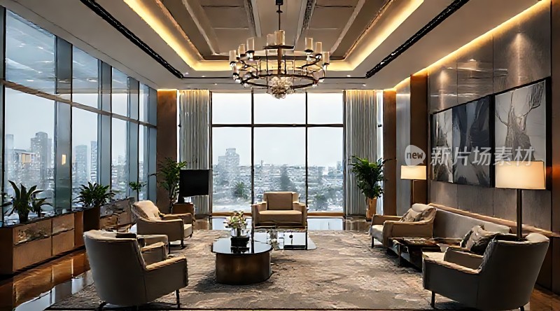 现代豪华客厅全景落地窗城市景观舒适沙发精美装饰