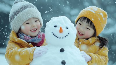 雪地堆雪人冬天下雪小孩儿童嬉戏