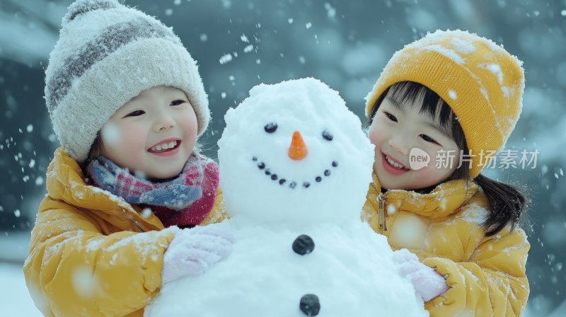 雪地堆雪人冬天下雪小孩儿童嬉戏