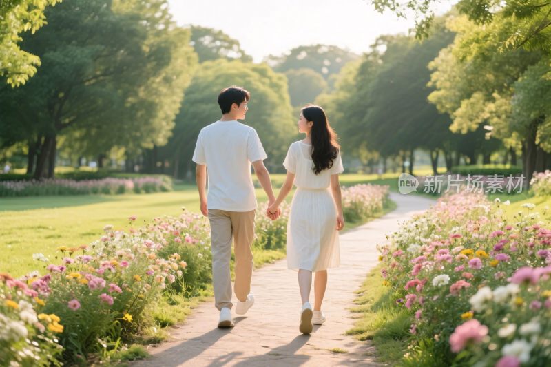 情侣漫步花丛小道