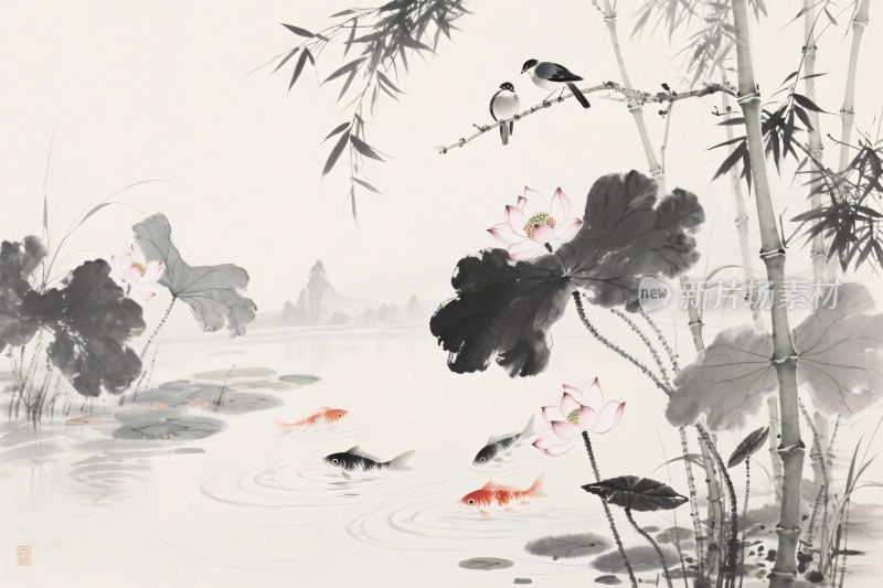 中国水墨荷花风景图