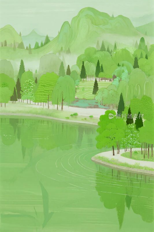 山水湖景插画