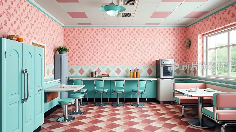 复古餐厅粉色与蓝色交织的温馨空间