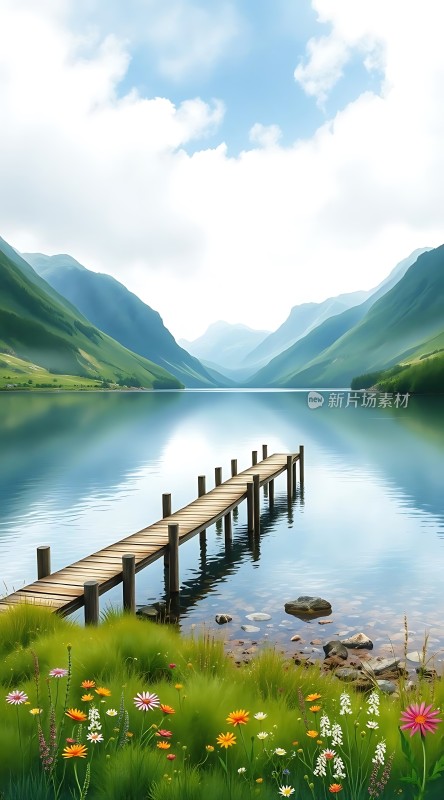 湖畔花语宁静山水间