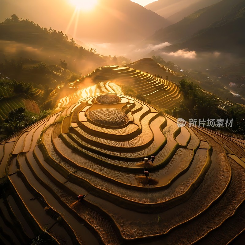 梯田晨曦光影交织的自然画卷