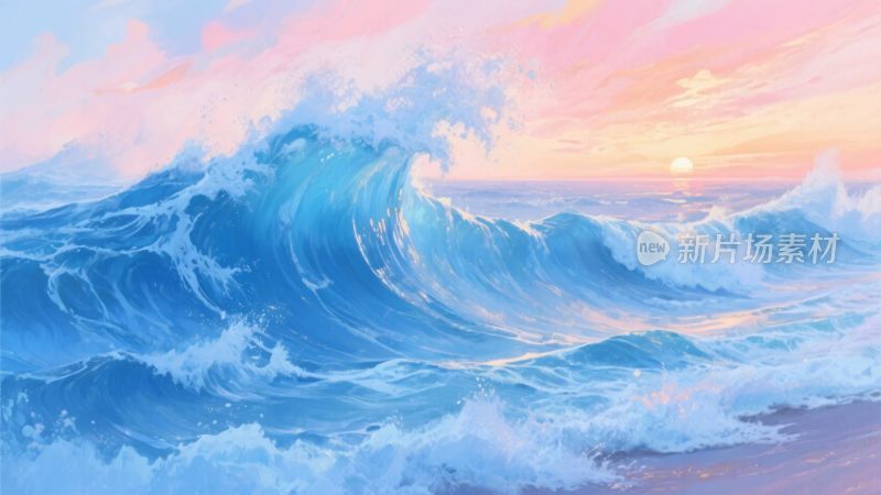 唯美海上波浪日落景象