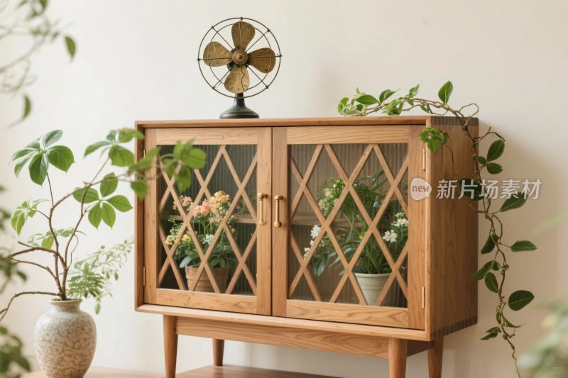 复古木质柜与绿植装饰