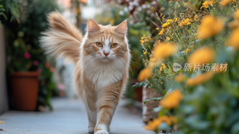 橘猫漫步花丛中