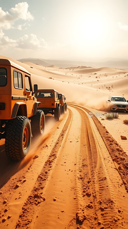 沙漠探险车队橙黑相间越野车在沙丘上行驶