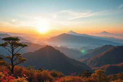 山脉的一棵树夕阳西下高清风景风光图片