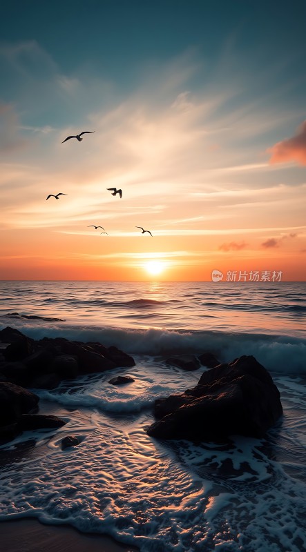 日落时分的海景海鸥翱翔于天际阳光洒在海面上