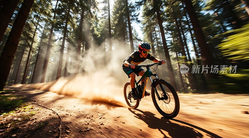 骑行者穿越森林小径扬起尘土飞扬