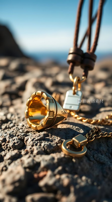 黄金戒指与项链在岩石上的优雅展示