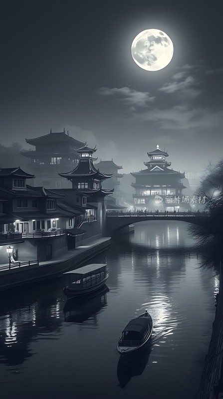 月下古桥河畔船影