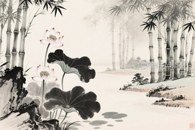 水墨荷花竹子中国画