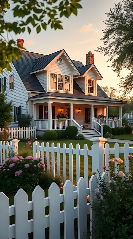 温馨小屋白色栅栏与花朵环绕下的宁静家园