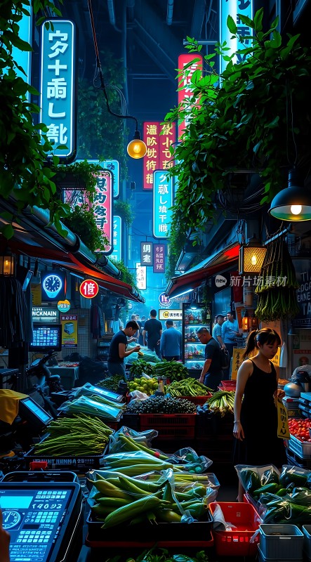 夜市繁华霓虹闪烁蔬果琳琅满目人间烟火气浓烈