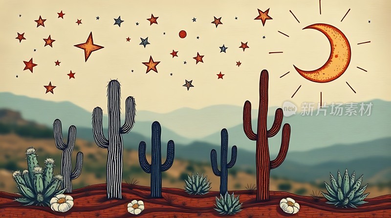 沙漠之夜仙人掌与星空